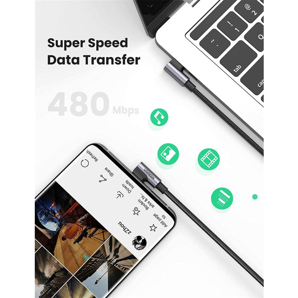 Кабель USB 2.0 Type-C M-M, 2 м, 90°, 100W Косм. Сірий US335 UGREEN