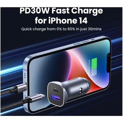 Автозарядка 2xUSB 30W (USB-C + USB-A) CD130 Ugreen