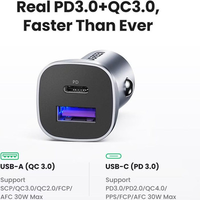 Автозарядка 2xUSB 30W (USB-C + USB-A) CD130 Ugreen