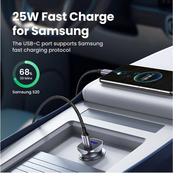 Автозарядка 2xUSB 30W (USB-C+USB-A) CD130 Ugreen