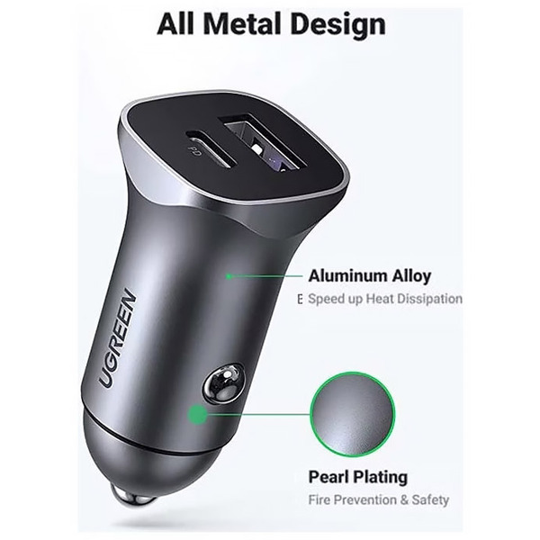 Автозарядка 2xUSB 30W (USB-C+USB-A) CD130 Ugreen