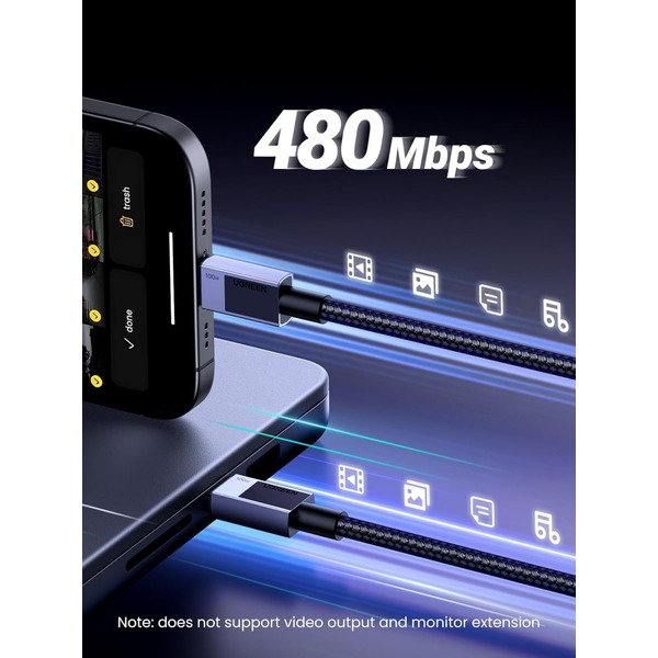 Кабель USB 2.0 Type-C M-M, 3 м, 100W （480Mbps）Сірий, L512 UGREEN