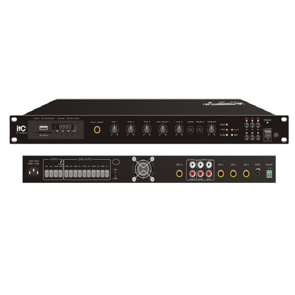 Трансляційний підсилювач-мікшер ITC TI-500DTB (500W, 100V, 5 зон, Bluetooth)