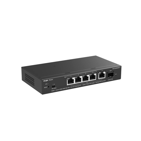 Коммутатор Ruijie Reyee RG-ES206MG-P (4x2,5GE PoE+, 1х2,5GE, 1xSFP+ Uplink, CCTV, Cloud Managed, L2, max PoE 70W, настольный, бесшумный, металл)