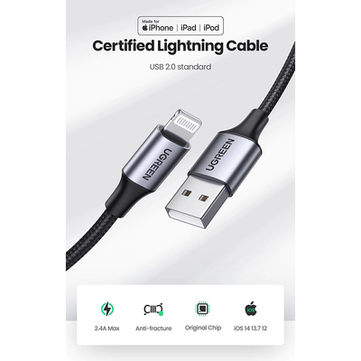 Кабель USB 2.0 AM-Lightning M, 1 м, 2.4A, Чорний, US199 UGREEN