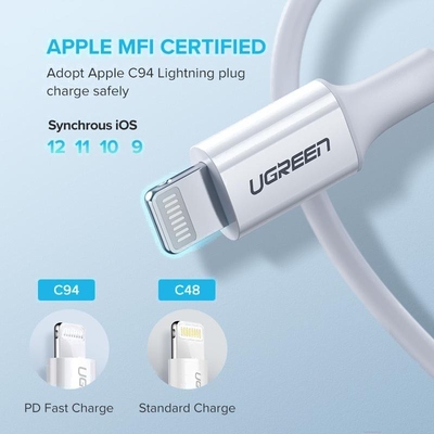 Кабель USB 2.0 Type-C M-Lightning M, 1 м, 3A, Nickel Plating ABS Shell Білий, US171 UGREEN