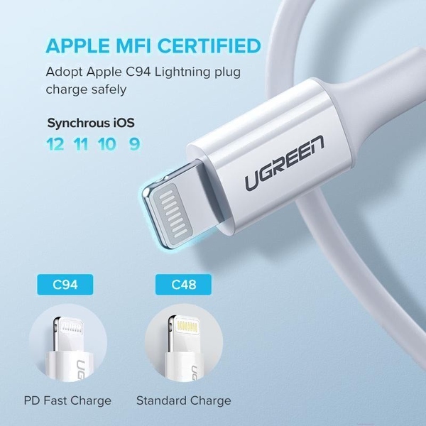 Кабель USB 2.0 Type-C M-Lightning M, 1 м, 3A, Nickel Plating ABS Shell Білий, US171 UGREEN