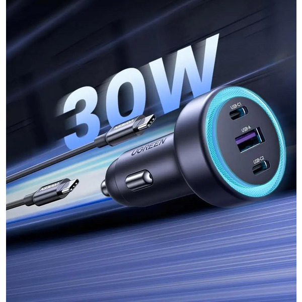 Автозарядка 3xUSB 30W (2xUSB-C + USB-A) QC 4.0 Сіра (EC307) UGREEN