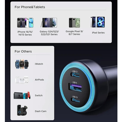 Автозарядка 3xUSB 30W (2xUSB-C + USB-A) QC 4.0 Сіра (EC307) UGREEN