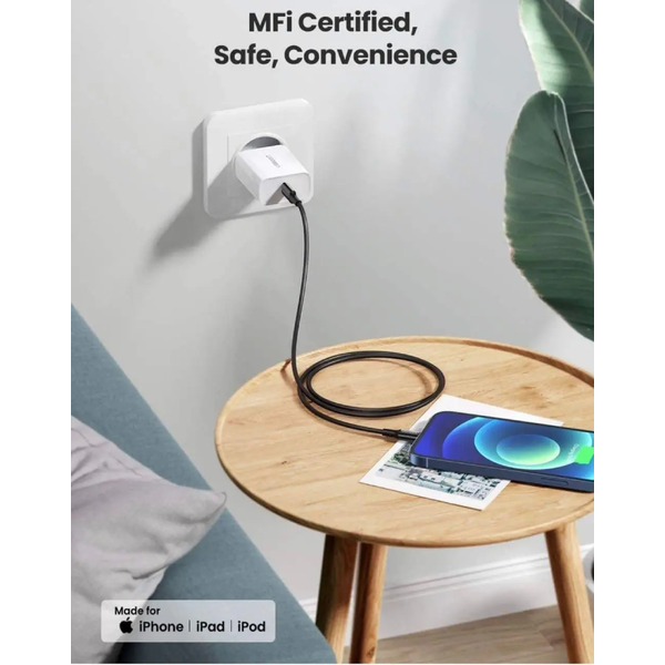 Кабель USB 2.0 Type-C M-Lightning M, 2 м, 3A, Nickel Plating ABS Shell Чорний, US171 UGREEN