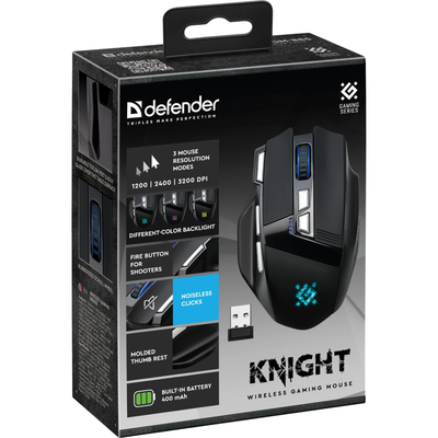 Мишка Defender Knight GM-885, бездротова, ігрова, 8кн., 3200 dpi., 400 mAh, чорна