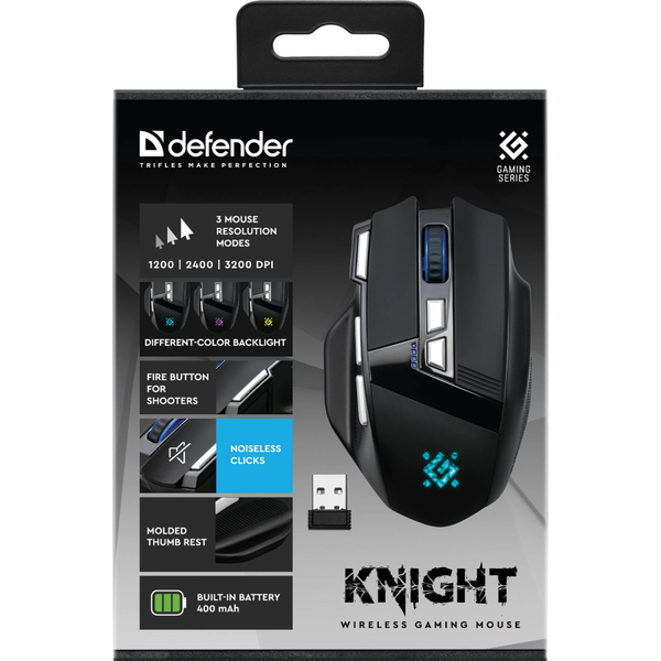 Мишка Defender Knight GM-885, бездротова, ігрова, 8кн., 3200 dpi., 400 mAh, чорна