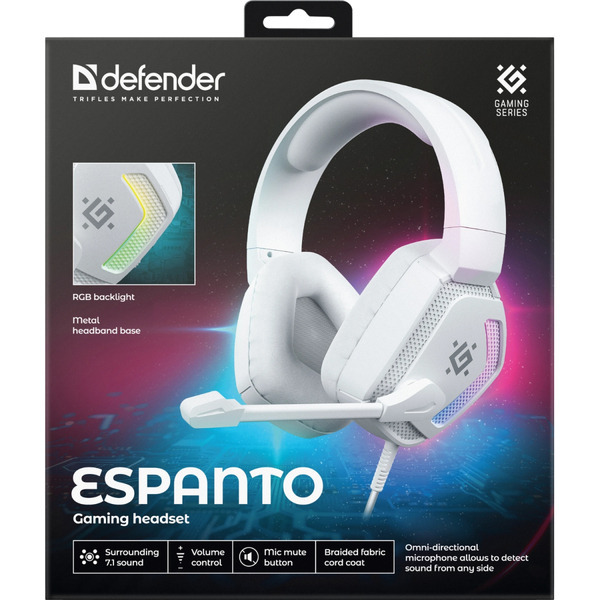 Наушники Defender Espanto, USB 7.1, RGB, 2м, White