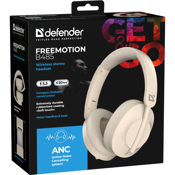 Навушники Defender FreeMotion B485 Bluetooth+3,5мм+USB-C, ANC Beige