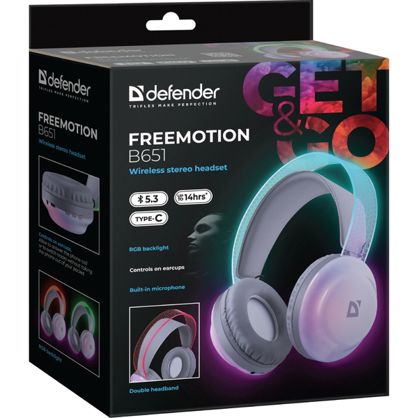 Наушники Defender FreeMotion B651 Bluetooth+3,5мм+USB-C, RGB White