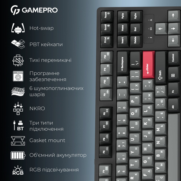 Клавіатура бездротова GamePro Asgard Ragnar Keychron Super Red Switch Black (MK285BK)