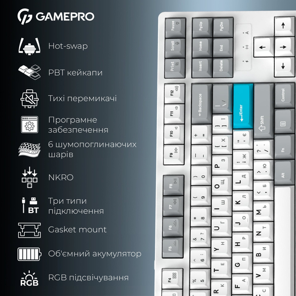 Клавіатура бездротова GamePro Asgard Ragnar Keychron Super Red Switch White (MK285WH)