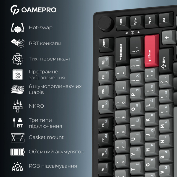 Клавиатура беспроводная GamePro Asgard Yord Keychron Super Red Switch Black (MK266BK)