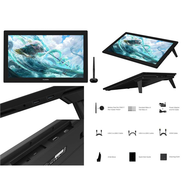 Графічний монітор Huion 23,8" Kamvas Pro 24,4K HDMI,DP,USB-C,DC,USB-A,чорний