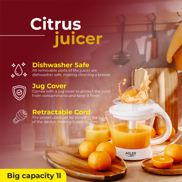Соковитискач Adler AD 4014 white для цитрусових/ 60Вт/ 1л/ білий