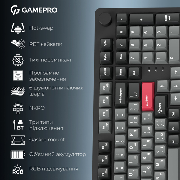 Клавиатура беспроводная GamePro Asgard Drakkar Keychron Super Red Switch Black (MK305BK)