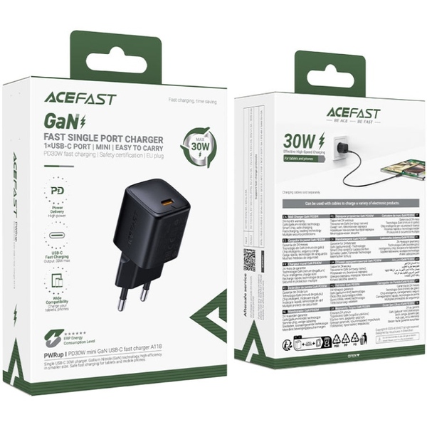 Зарядний пристрій 1xUSB-C 30W Gan A118 Fast Charger black Acefast