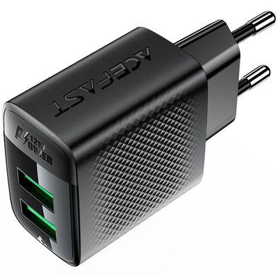 Зарядний пристрій 2xUSB 12W (USB-Ax2) A86 Black Acefast