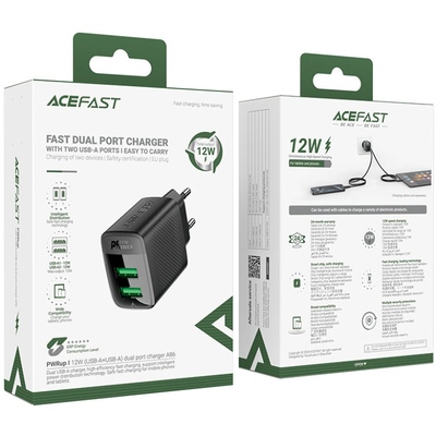 Зарядний пристрій 2xUSB 12W (USB-Ax2) A86 Black Acefast