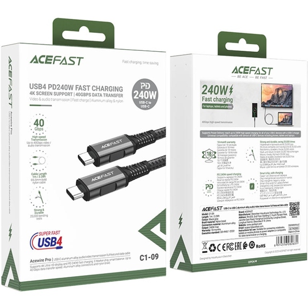Кабель USB 2.0 Type-C M-M, 1 м 240W audio/video transmission C1-09 Black-grey Acefast