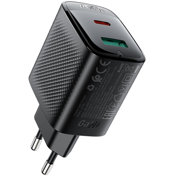 Зарядний пристрій 2xUSB 45W (USB-C+USB-A) Gan A106 Black Acefast