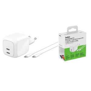 Зарядний пристрій мережевий Belkin 50Вт 2хUSB-С GAN PD PPS, кабель USB-С > USB-C, 1м, білий