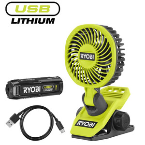 Вентилятор акумуляторний кліпса Ryobi USB Lithium RCF4-120G 4В акб 1х2А·год 3800об/хв обертання 325° поворот 180° 2 швидкості 0.29кг