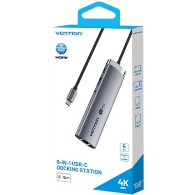 Док-станція USB3.2 Type-C --> HDMI 60Hz/USB 3.0x2/RJ45/SD/TF/3.5mm/PD 100W Hub 9-in-1 Vention