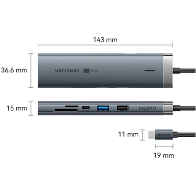 Док-станція USB3.2 Type-C --> HDMI 60Hz/USB 3.0x2/RJ45/SD/TF/3.5mm/PD 100W Hub 9-in-1 Vention