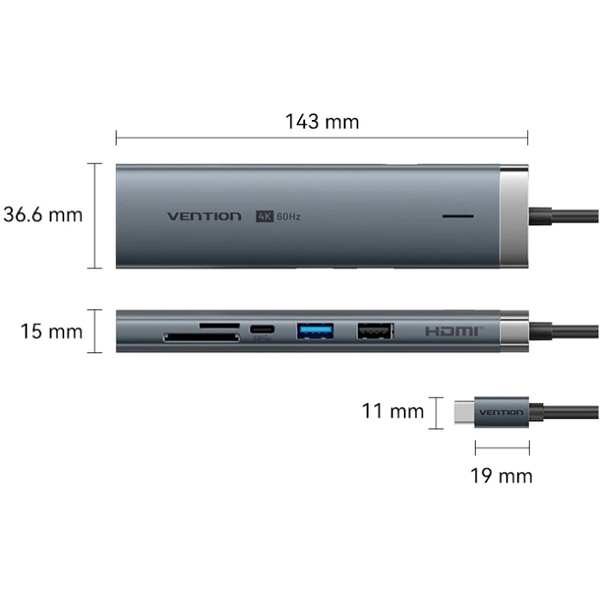 Док-станція USB3.2 Type-C --> HDMI 60Hz/USB 3.0x2/RJ45/SD/TF/3.5mm/PD 100W Hub 9-in-1 Vention