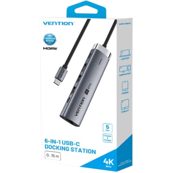 Док-станція USB3.2 Type-C --> HDMI/USB 3.0x2/RJ45/PD 100W Hub 6-in-1 Vention