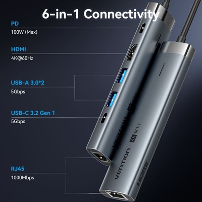 Док-станція USB3.2 Type-C --> HDMI/USB 3.0x2/RJ45/PD 100W Hub 6-in-1 Vention