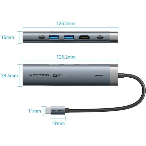 Док-станція USB3.2 Type-C --> HDMI/USB 3.0x2/RJ45/PD 100W Hub 6-in-1 Vention