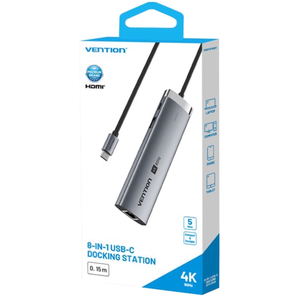 Док-станція USB3.2 Type-C --> HDMI/USB3.0/USB2.0/RJ45/SD/TF/PD 100W Hub 8-in-1 Vention