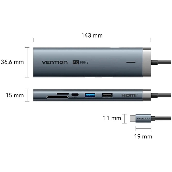 Док-станція USB3.2 Type-C --> HDMI/USB3.0/USB2.0/RJ45/SD/TF/PD 100W Hub 8-in-1 Vention