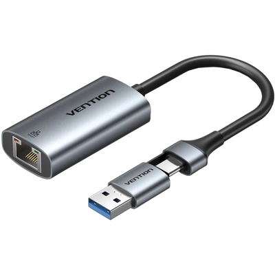 Перехідник USB Type-C/USB-A --> Ethernet RJ45 1000Mb сірий Aluminum Alloy Type Vention