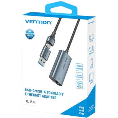 Перехідник USB Type-C/USB-A --> Ethernet RJ45 1000Mb сірий Aluminum Alloy Type Vention