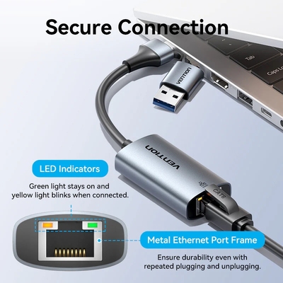 Перехідник USB Type-C/USB-A --> Ethernet RJ45 1000Mb сірий Aluminum Alloy Type Vention