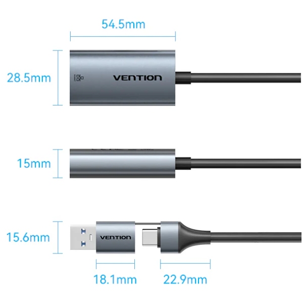 Перехідник USB Type-C/USB-A --> Ethernet RJ45 1000Mb сірий Aluminum Alloy Type Vention