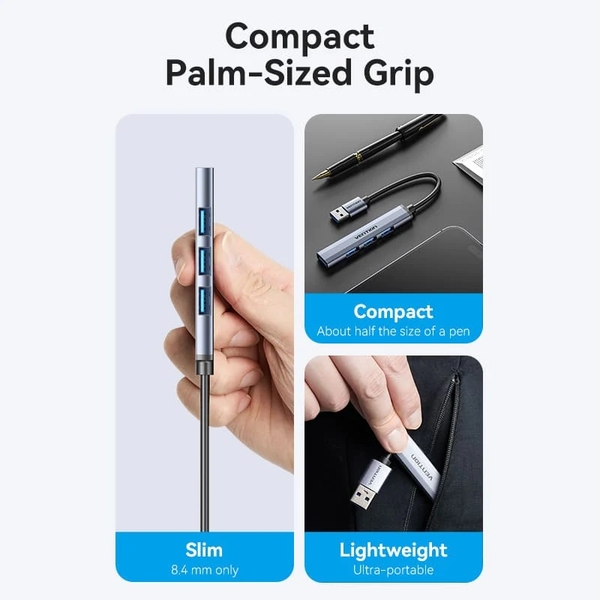 Хаб USB 3.0 -> 1xUSB 3.0/3xUSB 2.0, 0.15м, 5 Гбіт/с, Grey Vention