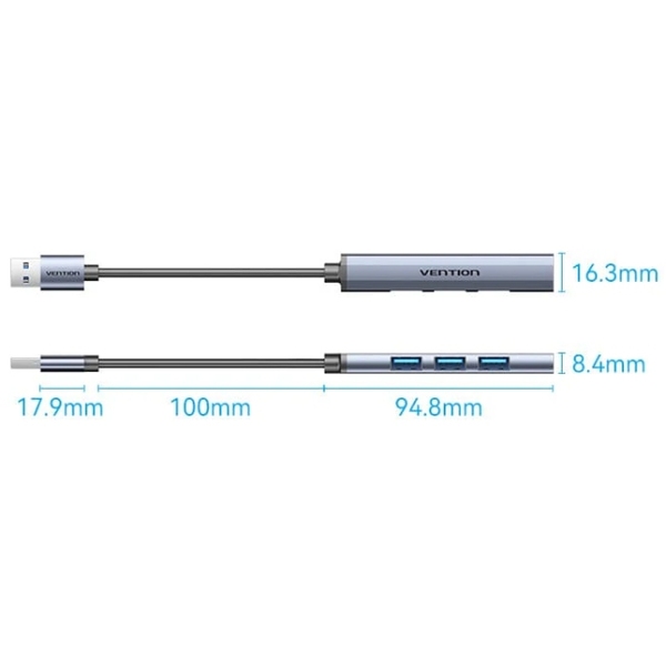 Хаб USB 3.0 -> 1xUSB 3.0/3xUSB 2.0, 0.15м, 5 Гбіт/с, Grey Vention