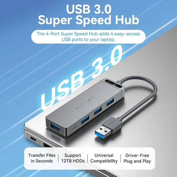 Хаб USB 3.0--> 4xUSB-A 3.0, 5Gbps,  Black Vention