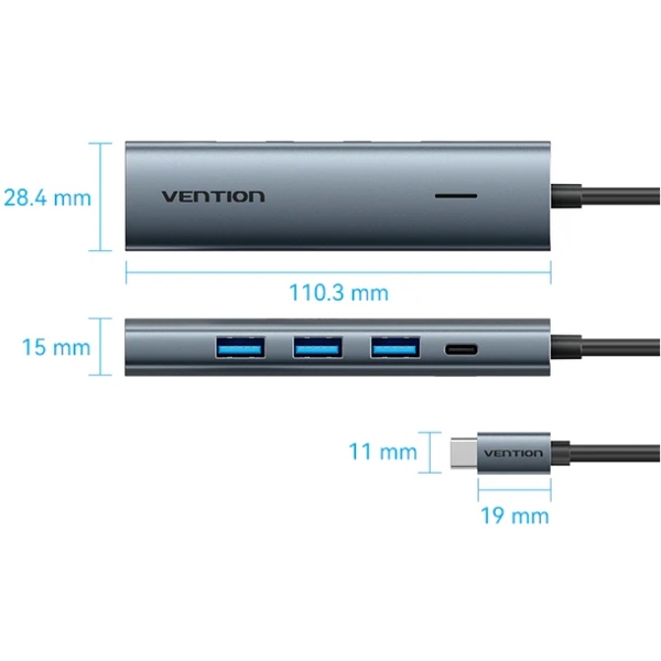 Хаб USB 3.0 Type-C -> 4xUSB 3.0/1xUSB-C, 5Gbps, Black Vention