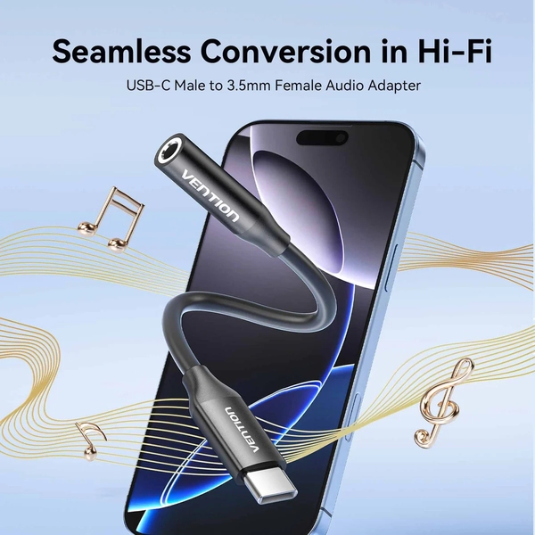 Перехідник USB-C --> аудіо Jack 3.5мм, Aluminum Alloy, чорний Vention