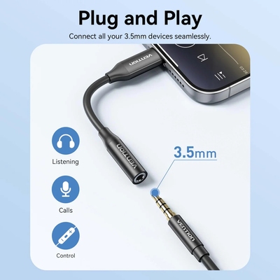 Перехідник USB-C --> аудіо Jack 3.5мм, Aluminum Alloy, чорний Vention